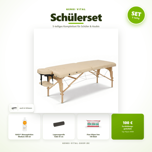 Schülerset – Einsteigerset mit mobiler Massageliege, NAQI Lotion, Lagerungsrolle und Wipes